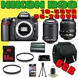 IMAGE OF Nikon D90 12.3MP Digital SLR Camera w/ Nikon 55-200mm f/4-5.6G ED IF AF-S DX VR + 18-55mm f/3.5-5.6G AF DX VR Nikkor Lenses ENEL3E Battery 8GB DavisMAX Advanced Bundle II