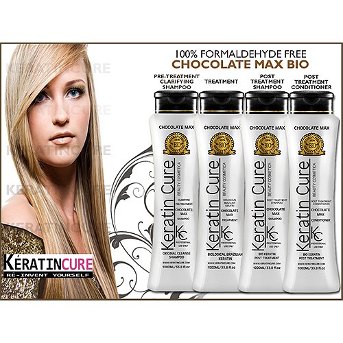Keratin Brazilian Treatment KC Keratin Cure Chocolate Max Bio Brazilian Keratin Straightener Treatment 1000ml Full Kit Formaldehyde Free Pre Treatment Shampoo Post Treatment Shampoo and Post Treatment Conditioner 3381oz