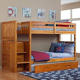 Honey Twin Twin Staircase Mission Bunk w  Trundle: Desk Hutch and Chair, TV Stand, 5...