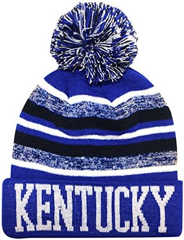Kentucky Thick Warm Cuffed Blending Color Beanie Winter Hat Cap with Pom and Stripes One Size Adult Royal/White