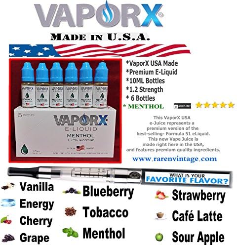 VaporX "MENTHOL" {6 Bottles 60ML 10ML Ea. 1.2%} USA Made Premium Juice Liquid