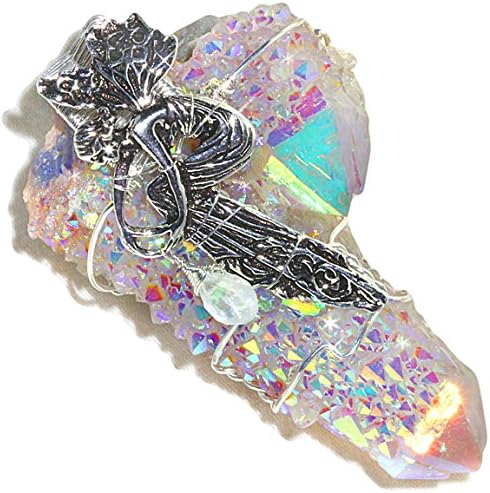 Large Fairy Aura Spirit Quartz Crystal Wire Wrap Sterling Pendant with Peter Stone Fairy By Puppylove