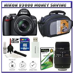 Nikon D3000 10MP Digital SLR Camera w/ 18-55mm f/3.5-5.6G AF-S DX VR Nikkor Zoom Lens w/ 70-300mm f/4-5.6 DG Macro Autofocus Lens for Nikon AF + 8GB Card + Case + Accessory Kit