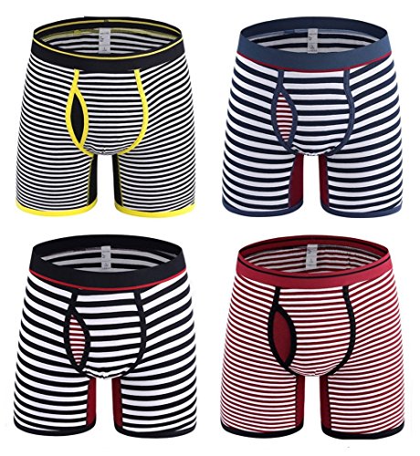 Dardugo Mens Underwear Stripe Cotton Boxer Briefs with Open Fly,4-Pack,US Medium