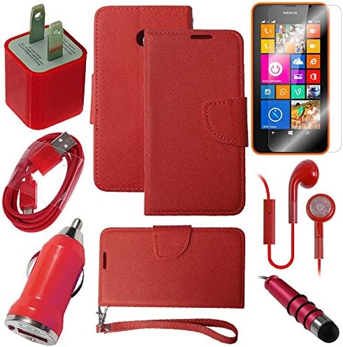 Nokia Lumia 635 Red Wallet Protective Cover Case Cover, USB Car Charger Plug, USB Home Charger Plug, USB 2.0 Data Cable, Metallic Stylus Pen, Stereo Headset & Screen Protector (7 Items) Retail Value: $89.95 Accessory Kit