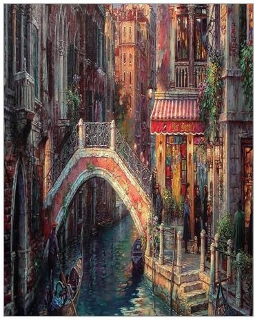 Creative Modern Art Giclee Canvas Print Venice Street Channel Bridge Color Painting Prints On Canvas 16" x 20" Inch, Stretched and Framed Home Decor Wall Living room Office Canvas Art Wall