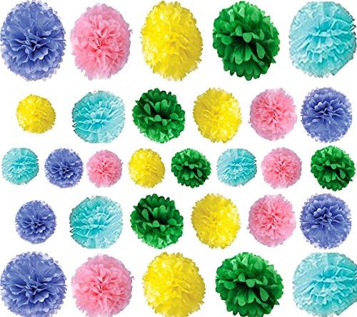 Colorful Paper Poms Pom Tissue Flower Ball for Wedding Birthday Party Outdoor Decoration (5 colors 3 sizes mixed)