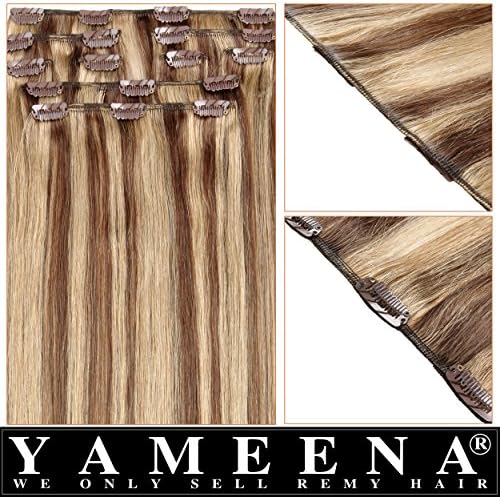 Yameena®100% Remy Human Hair Extension Clip in Extensions 9 Pieces 16"-22" 8 Colors 120-125g (16-18, Chocolate Brown #4 H Honey Blonde #27)