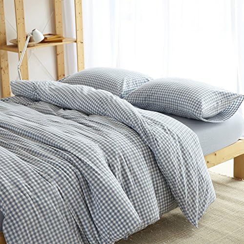 Hyam 100% Natural Washed Cotton Solid Color Plaid Stripe Duvet Cover Sets with Additional Free Fitted Sheet As Gift - 100% One Year Quality Guarantee (Full, Blue Plaid)