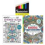 Colored Pencil Set Bundled With 2 Beginner Adult Coloring Books (Stain Glass & Exotic Impressions)