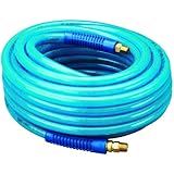 Amflo 13-50AE Blue 300 PSI Polyurethane Air Hose 3/8" x 50' With 1/4" MNPT Swivel Ends And Bend Restrictor Fittings