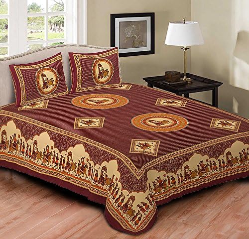Jaipuri Cotton Sanganeri Printed Double Bedsheet With 2 Pillow Cover - Maroon, AOB15