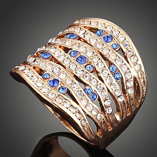 LingKing New Fashion Design 18K Real Gold Plated Hollow Out Geometric Royal Blue Rhinestone Golden Wedding Rings