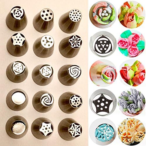 Russian Piping Tips 15PC/SET Stainless Steel Cake Pastry Decorating Icing Nozzles, Create Frosting Flower Garden, Tulips Roses