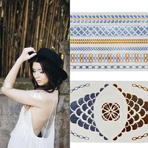 Gold Temporary Tattoos | Shimmer Metallic Waterproof Designs for Women and Girls | 2 Sheets | Jewelry Inspired | 100 Money Back Guarantee | Applicators Included