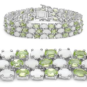21.80 Carat Genuine Opal and Peridot Oval 3-Line Silver Bracelet by