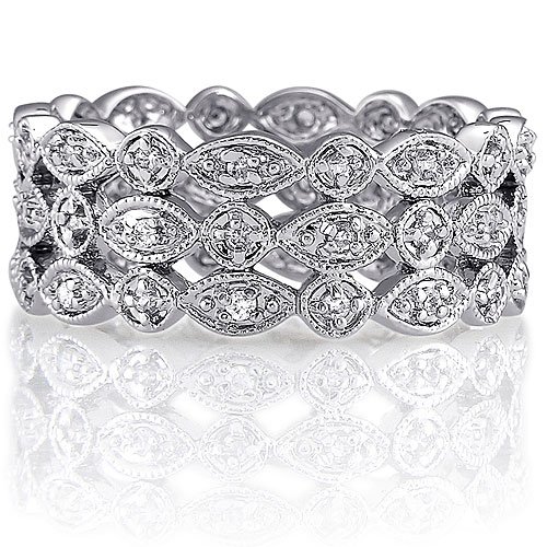 Sterling Silver Cubic Zirconia CZ Round Marquise 3-Row Ring