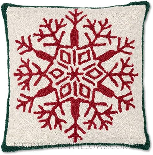 Limited Edition Handmade Hooked Decorative Winter Holiday Red White Green Snow Flake Snowflake Winter Christmas Holiday Throw Pillow. 18" x 18".