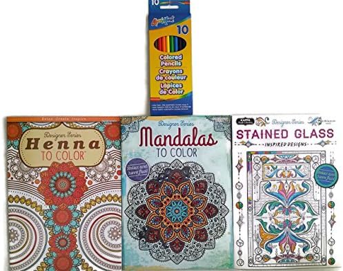 Adult Coloring Books - Henna, Mandalas Stained Glass - Intricate patterns and design books - Great for meditation and stress relief - 4 Piece Bundle Set - 3 coloring books 1 set of 12 colored pencils