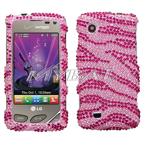 Pink with Hot Pink Zebra Stripe Premium Luxurious Sparkling Rhinestones Full Diamond Bling LG Chocolate Touch VX8575 Snap on Cell Phone Case