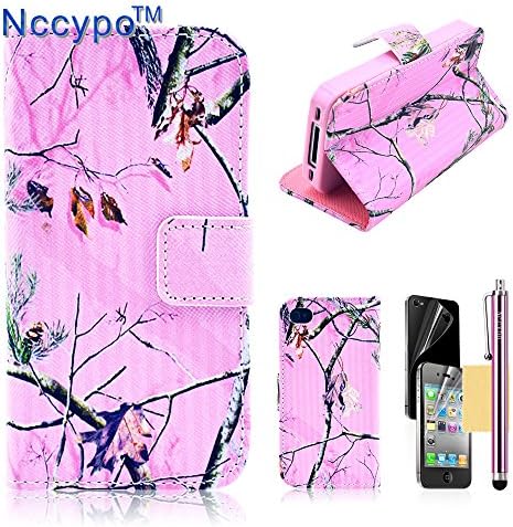iPhone 4 Case, iPhone 4S Case, Nccypo Premium PU Leather Magnet Wallet Slim Protective Case For Apple iPhone 4/4S[Branch Pink Skin] with Stylus, Screen Protector and Cleaning Cloth