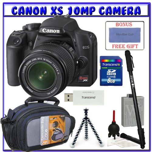 Canon EOS Rebel XS (a.k.a. 1000D) SLR Digital Camera w/ 18-55mm IS Lens + Transcend 8GB Memory Cards + Spare Rechargeable Lithium-Ion Battery + Pro Series Tripod + Shooters Package