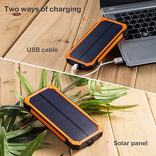 GRDE 15000mAh 2ポート 超大容量モバイルバッテリー、ソーラーパネル、二つの充電方法、旅行・ハイキングや地震・災害時が必要なもの (オレンジ)