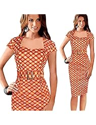 Sexy Plaid Print Polyester/Spandex Cocktail Belted Short Sleeves Evening Dress 