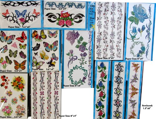 Flower Butterfly Temporary Tattoos (12 Large Sheets) Girls Removable Tattoos