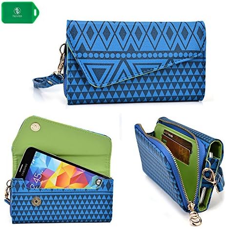 NEVISS TM Cellphone holder clutch with bonus wristlet strap & crossbody chain | aztec design in blue universal design fits Virgin Mobile ZTE Awe Prepaid Smartphone