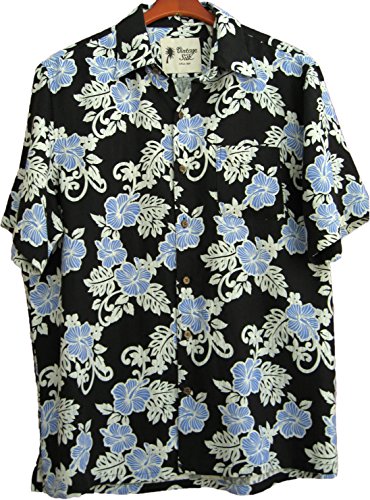 Mens Hawaiian Silk Camp Shirt Black Blue Hibiscus Casual