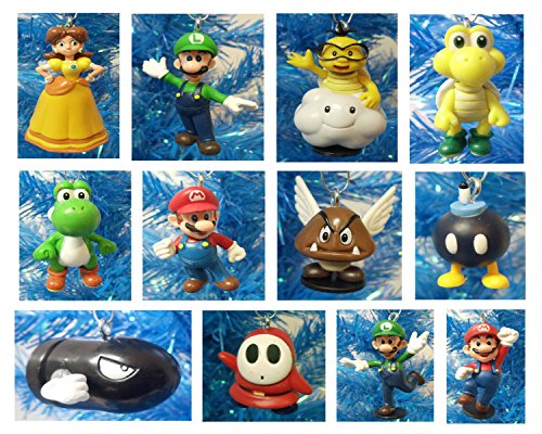 Super Mario Brothers 12 Piece Holiday Christmas Ornament Set Featuring Mario, Luigi, Yoshi, Bullet Bill, Princess Daisy, Shy, Goomba, Lakitu Spiny, Bomb, and Koopa Troopa – Shatterproof Ornaments Range from 1.5″ to 3.5″ Tall