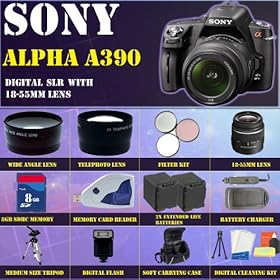 Sony Alpha A390 Digital SLR with 18-55mm Lens + HUGE ACCESSORIES PACKAGE INCLUDING WIDE ANGLE MACRO LENS + 2X TELEPHOTO LENS + 3 PC FILTER KIT + 8GB SDHC MEMORY CARD + MEMORY CARD READER + 2x EXTENDED LIFE BATTERIES + SOFT CARRYING CASE + TRIPOD & MUCH MORE!!