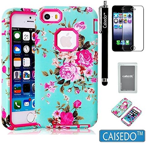 iPhone 5S Case, iPhone 5 Case, CAISEDO(TM)D471-ABH Plastic + TPU Roses Flower on blue Pattern Tuff 3-Layers Hybrid Armor Case Suitable For iPhone 5/5S,Including Stylus,Screen Protector and Cleaning Cloth. [C344B1]Rose