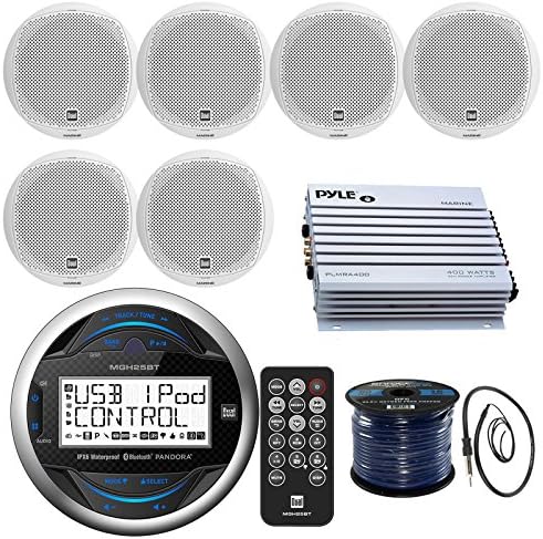 Dual Electronic MGH25BT Marine Bluetooth Gauge Style Digital Media Receiver Bundle Combo W/ 6x DMP670 Poly Marinized 100W 6.5" Speaker + 400 Watt Amplifier + Enrock Radio Antenna + 50-ft Speaker Wire