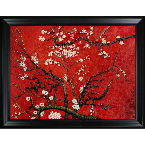 overstockArt Van Gogh Branches of An Almond Tree In Blossom Painting with Black Satin Frame, Artist Interpretation in Red