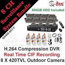 Q-SEE QS408-803-5 8 CH Complete CCTV Bundle Package Kit: 8 Channels H.264 Real Time CIF / D1 Network Standalone Surveillance DVR500GB HDD, 8 X 420TVL 1/4