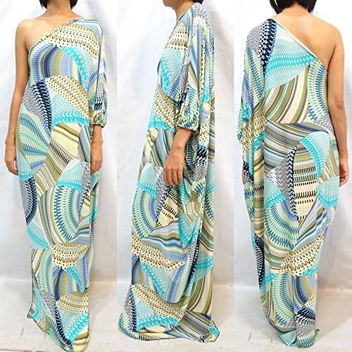 New Women's Blue Green Yellow Print Long One Shoulder Maxi Dress 2X 3X 4X 16 18 20 22