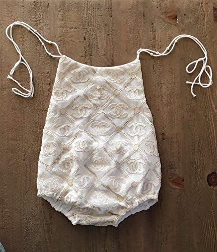 Handmade Baby Girl Lace Bodysuit Romper with Pearl and Gold thread - Chanel Inspired.