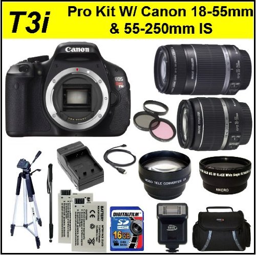 Canon EOS Rebel T3i SLR Digital Camera Kit with Canon 18-55mm IS Lens + Canon 55-250mm Is Lens + Wide Angle Macro Lens + 2x Telephoto Lens + 3 Pc Filter KIT + 16GB SDHC Memory Card & Much More!!