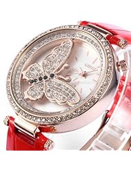 Best Womans Watch Rose Gold Case Crystal Butterfly RED Leather Strap Quartz Lady Women Watch