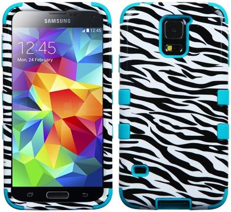 Galaxy S5 Case, Rock Me Wireless (TM) 3 items Bundle - Screen Protector, 24K Gold Plating Electromagnetic Waves Blocking Sticker and Triple Layers Protective Case for Samsung Galaxy S5. (Zebra / Teal)