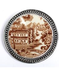 Broken China Jewelry - Brown Tonquin Franciscan - Sterling Silver Pin Brooch