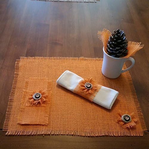 Burlap Pumpkin Orange Placemats, Silverware Holders and Napkin Rings with Handmade Flower Accent (Set of 4 or 6)