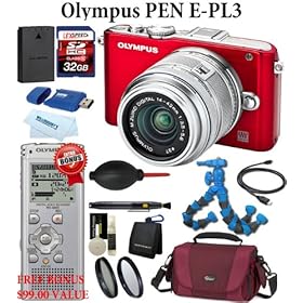 Olympus E-PL3 12.3 MP Digital Camera (Red) kit with 14-42mm II Lens (Silver) + BONUS Olympus Voice Recorder WS-600S + LEXSpeed 32GB SDHC Memory Card + Extra PS-BLS1 Battery + Lowepro Deluxe Camera Bag + 2pc Multi-Coated Essential Filter Kit + Flexpod + $100 MAIL IN REBATE