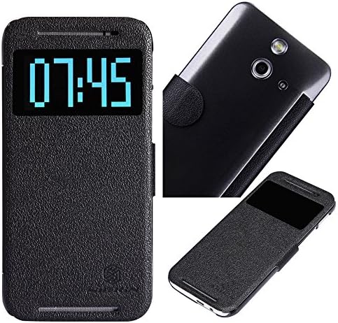 WASON Fresh Smart Wake up / Sleep View Window Side Flip Pu Leather Cover Pc Hard Case Shell Compatible for HTC ONE E8 (Black)