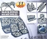 Safari Animal Print Auto Interior Gift Set - 2 Zebra Low Back Front Bucket Seat Covers with Separate Headrest Cover, 1 Zebra Steering Wheel Cover, 2 Zebra Shoulder Harness Pressure Relief Cover, and 1 Bench Cover