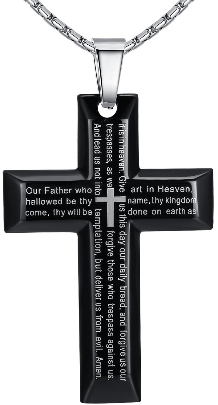 Men's Stainless Steel Large Lord's Prayer Cross Pendant Necklace Black Color .. 17 61lq8mIilJL