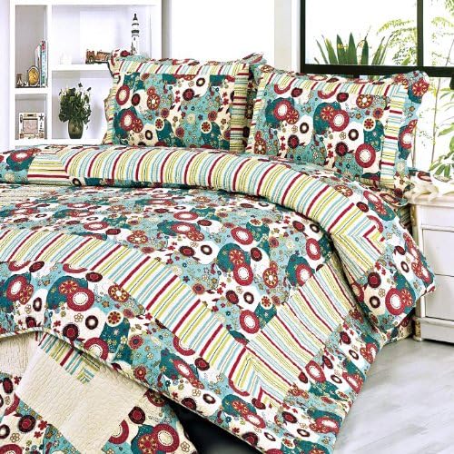 [Dianthe] 100% Cotton 3PC Floral Vermicelli-Quilted Patchwork Quilt Set (Full/Queen Size)
