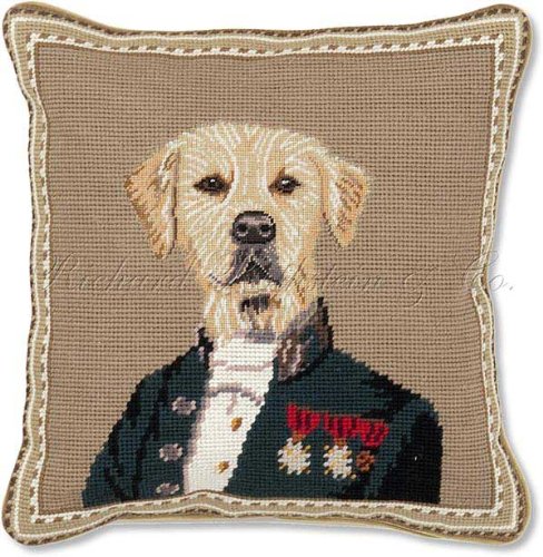 The Admiral Military Decorated Veteran Yellow Lab Dog on Sand Brown with Brown/White Dashed Trim Needlepoint Pillow Free Shipping!